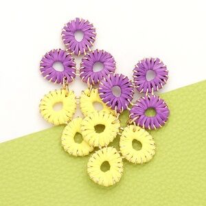 Purple & Yellow Raffia Wrapped Link Dangle Statement Earrings